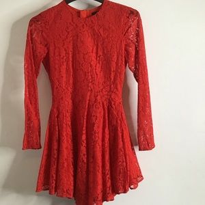H&M Red Long Sleeve Lace Fit-and-Flare Dress